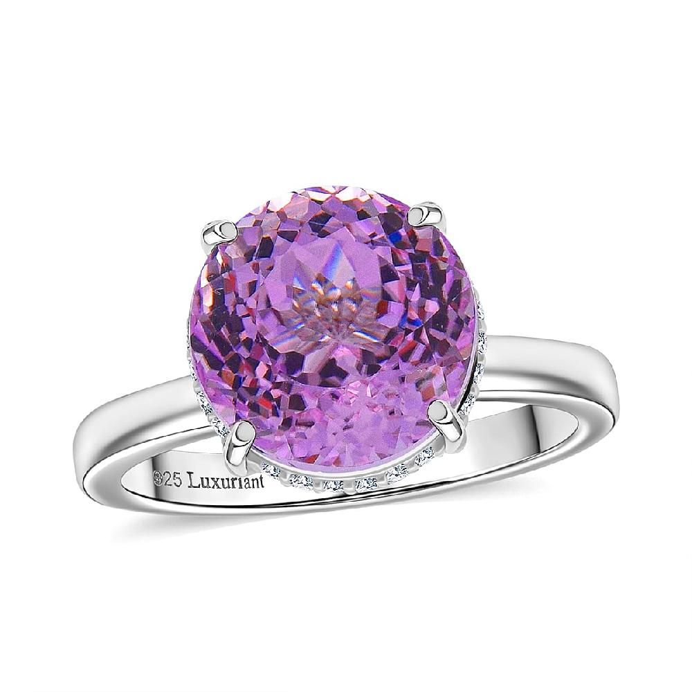 shop lc AAA Patroke Kunzite Luxuriant Lab Grown Diamond (G-H SI) Halo Ring in Rhodium Over Sterling Silver 5.50 ctw