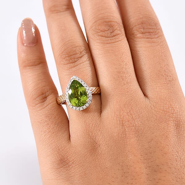 Shop Lc AAA Peridot And G-H SI Luxuriant Lab Grown Diamond 4.33 Ctw Ring In 10K Yellow Gold