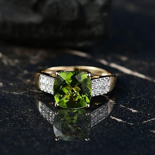 Shop Lc AAA Peridot And G-H SI Luxuriant Lab Grown Diamond 4.62 Ctw Ring In 10K Yellow Gold