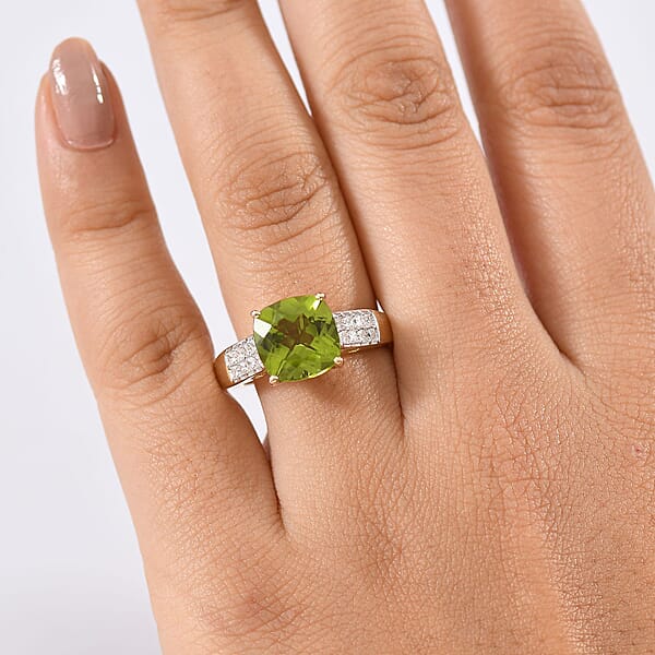 Shop Lc AAA Peridot And G-H SI Luxuriant Lab Grown Diamond 4.62 Ctw Ring In 10K Yellow Gold
