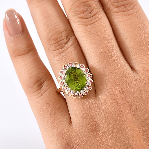 Shop Lc AAA Peridot Padparadscha Sapphire And G-H SI Luxuriant Lab Grown Diamond 6.03 Ctw Ring In 10K Yellow Gold
