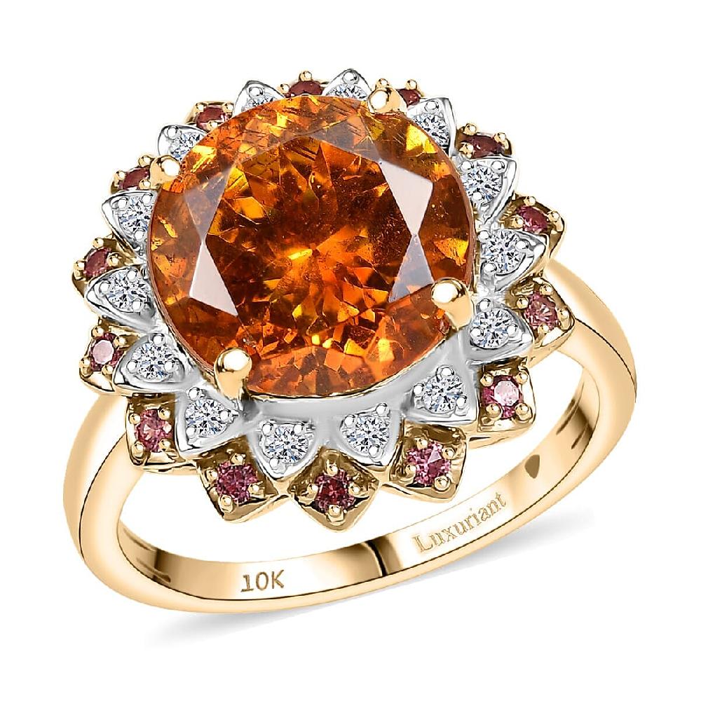 shop lc AAA Picos Altos Sphalerite Padparadscha Sapphire and G-H SI Luxuriant Lab Grown Diamond 7.38 ctw Ring in 10K Yellow Gold