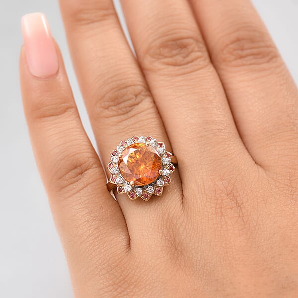 Shop Lc AAA Picos Altos Sphalerite Padparadscha Sapphire And G-H SI Luxuriant Lab Grown Diamond 7.38 Ctw Ring In 10K Yellow Gold