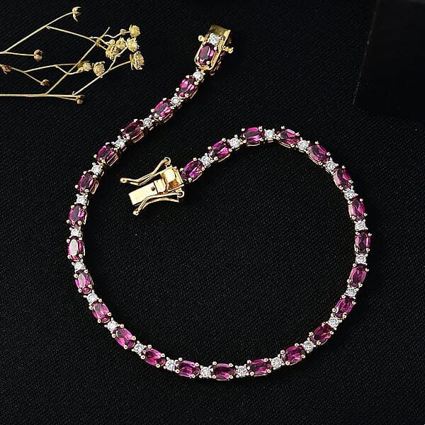 Shop Lc AAA Radiant Ember Garnet And Luxuriant Lab Grown Diamond G-H SI 7.65 Ctw Royal Flame Line Bracelet In 18K Vermeil Yellow Gold Over Sterling Silver (6.50 In)
