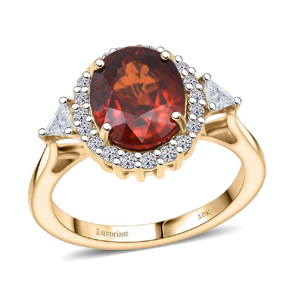 shop lc AAA Red Zircon and Luxuriant Lab Grown Diamond E-F VS 4.50 ctw Crownfire Ring in 10K Yellow Gold