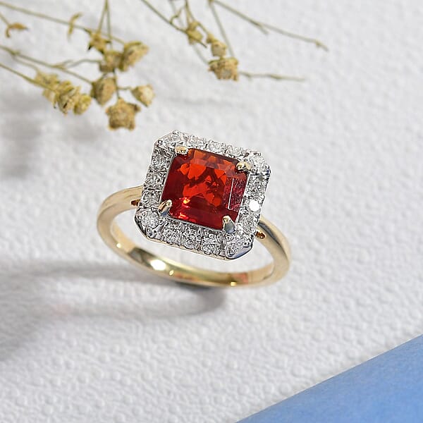 Shop Lc AAA Salamanca Fire Opal And Luxuriant Lab Grown Diamond G-H SI 1.85 Ctw Ring In 10K Yellow Gold