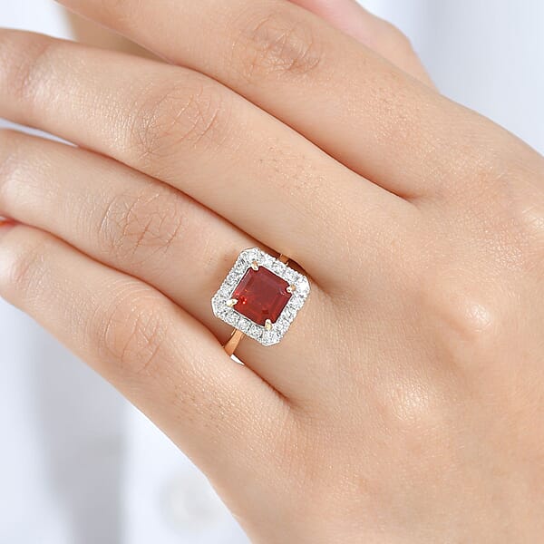 Shop Lc AAA Salamanca Fire Opal And Luxuriant Lab Grown Diamond G-H SI 1.85 Ctw Ring In 10K Yellow Gold
