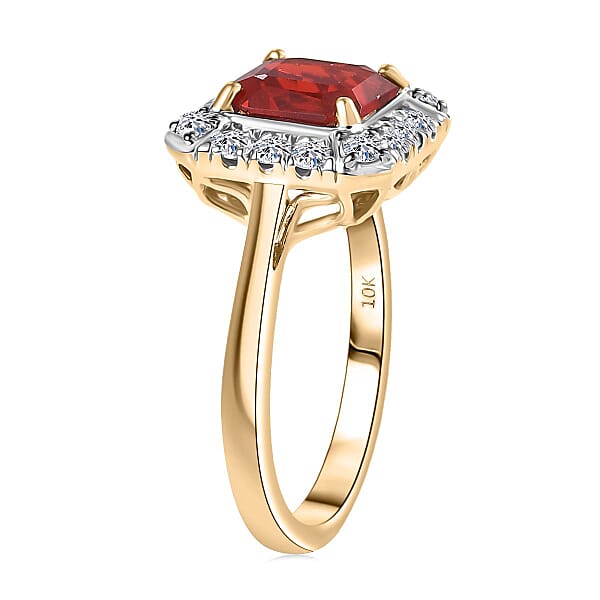 Shop Lc AAA Salamanca Fire Opal And Luxuriant Lab Grown Diamond G-H SI 1.85 Ctw Ring In 10K Yellow Gold
