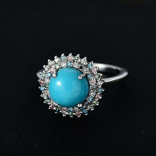 Shop Lc AAA Sleeping Beauty Turquoise Lab Grown Multi Diamond Ring In Rhodium Over Sterling Silver 3.10 Ctw