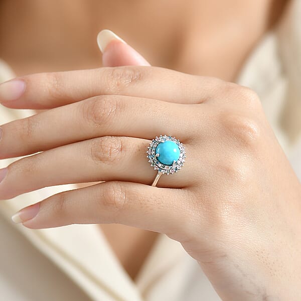 Shop Lc AAA Sleeping Beauty Turquoise Lab Grown Multi Diamond Ring In Rhodium Over Sterling Silver 3.10 Ctw