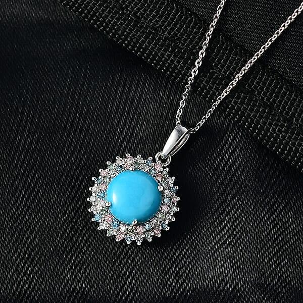 Shop Lc AAA Sleeping Beauty Turquoise Lab Grown Multi Diamond Pendant Necklace In Rhodium Over Sterling Silver 3.10 Ctw (20 Inches) (Del. In 12-15 Days)