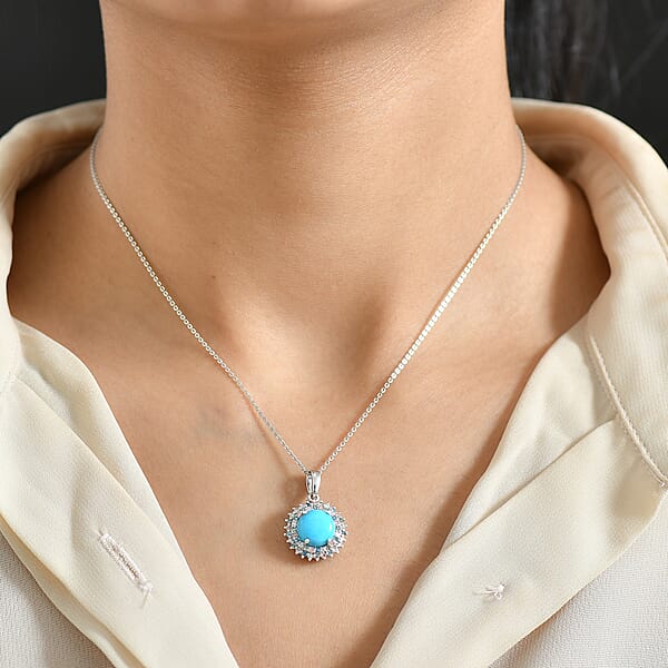 Shop Lc AAA Sleeping Beauty Turquoise Lab Grown Multi Diamond Pendant Necklace In Rhodium Over Sterling Silver 3.10 Ctw (20 Inches) (Del. In 12-15 Days)