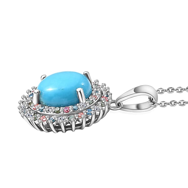 Shop Lc AAA Sleeping Beauty Turquoise Lab Grown Multi Diamond Pendant Necklace In Rhodium Over Sterling Silver 3.10 Ctw (20 Inches) (Del. In 12-15 Days)