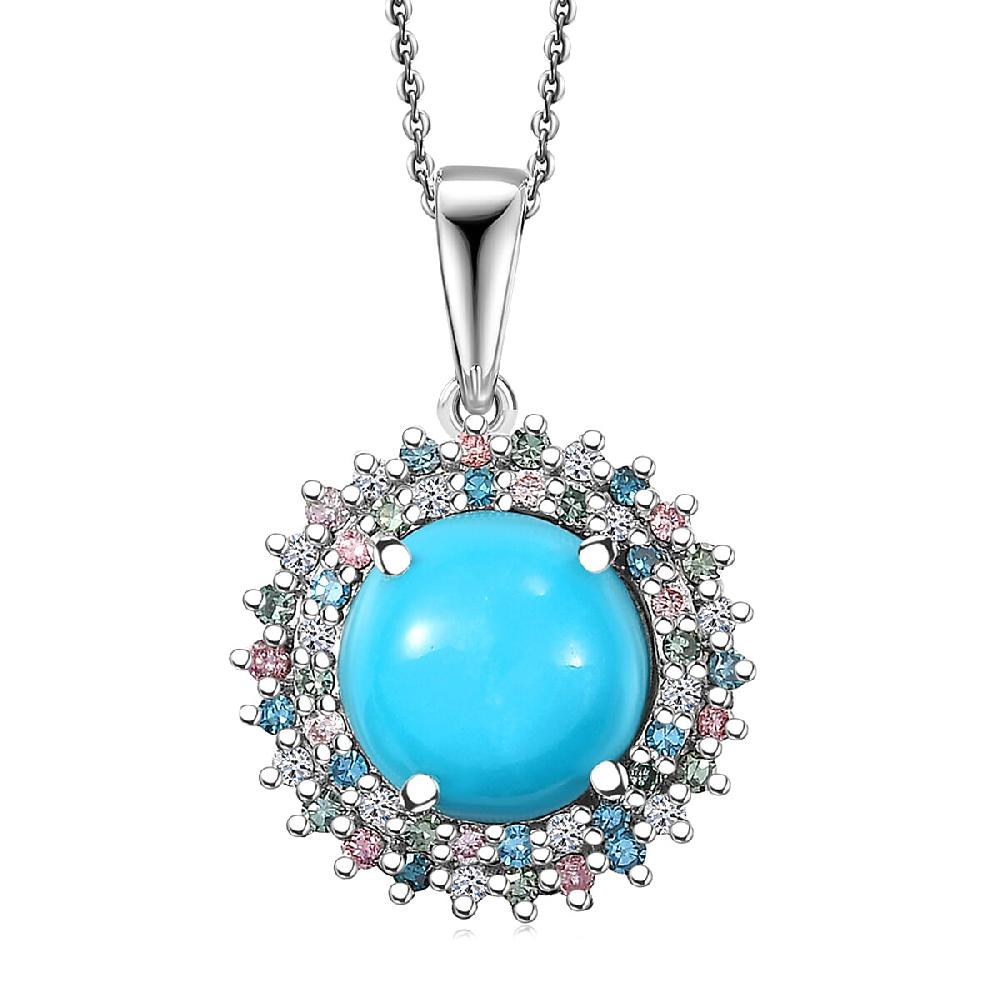shop lc AAA Sleeping Beauty Turquoise Lab Grown Multi Diamond Pendant Necklace in Rhodium Over Sterling Silver 3.10 ctw (20 Inches) (Del. in 12-15 Days)