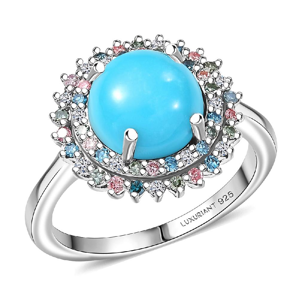 shop lc AAA Sleeping Beauty Turquoise Lab Grown Multi Diamond Ring in Rhodium Over Sterling Silver 3.10 ctw