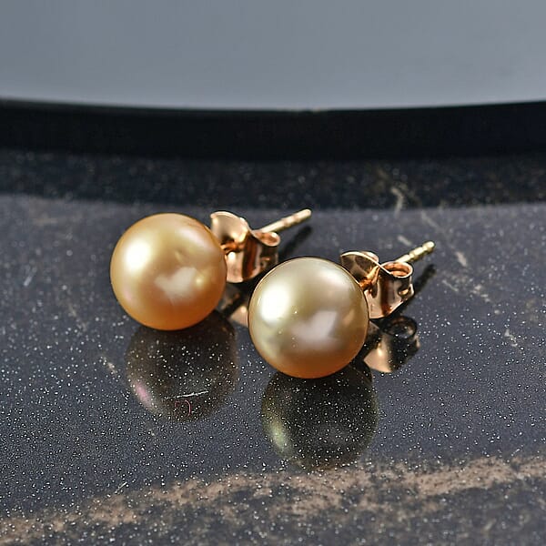 Shop Lc AAA South Sea Golden Cultured Pearl 9-10mm Stud Earrings In 18K Yellow Gold