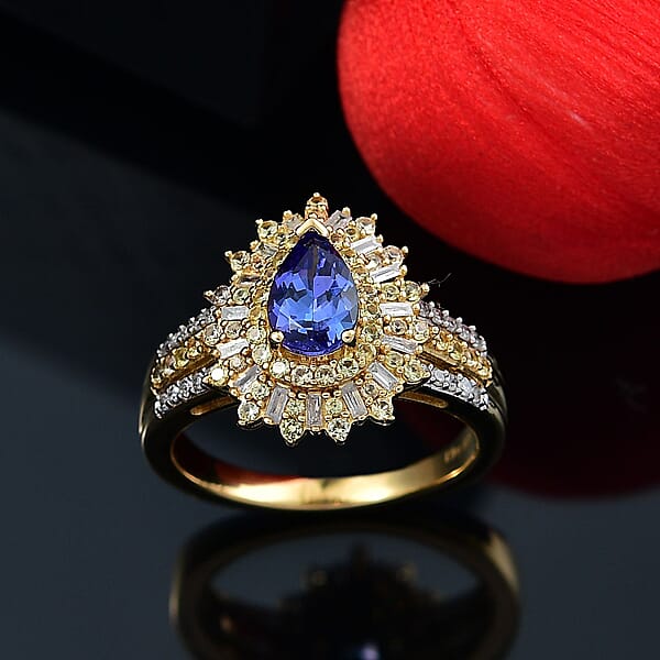 Shop Lc AAA Tanzanite Yellow Sapphire And Diamond 1.80 Ctw Starlight Crown Ring In 18K Vermeil Yellow Gold Over Sterling Silver