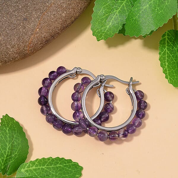 Shop Lc African Amethyst 17.00 Ctw Beaded Hoop Earrings In Stainless Steel