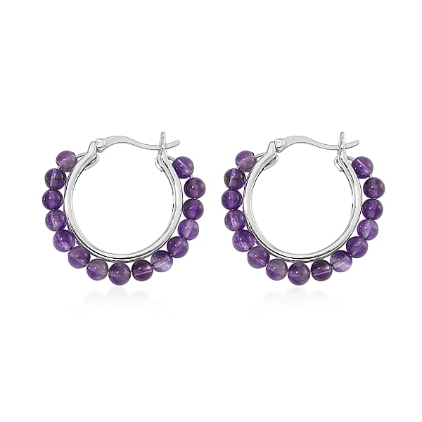 Shop Lc African Amethyst 17.00 Ctw Beaded Hoop Earrings In Stainless Steel