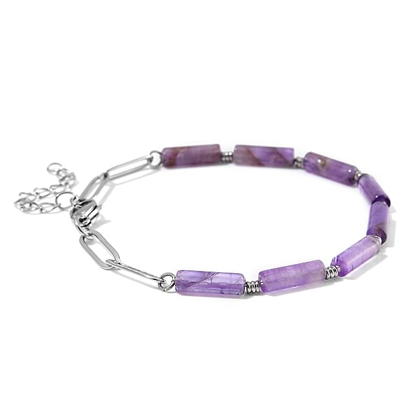 Shop Lc African Amethyst 22.50 Ctw Barrel Shape Paper Clip Chain Bracelet (8.00-9.50In) In Stainless Steel
