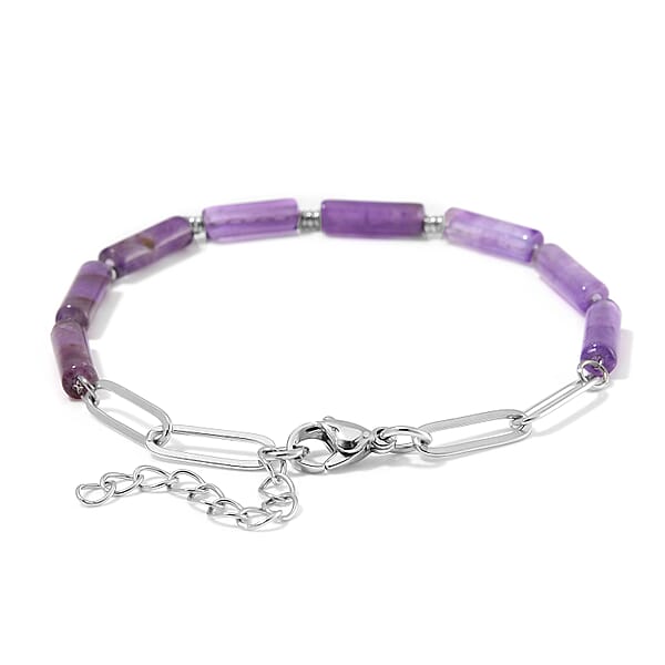 Shop Lc African Amethyst 22.50 Ctw Barrel Shape Paper Clip Chain Bracelet (8.00-9.50In) In Stainless Steel