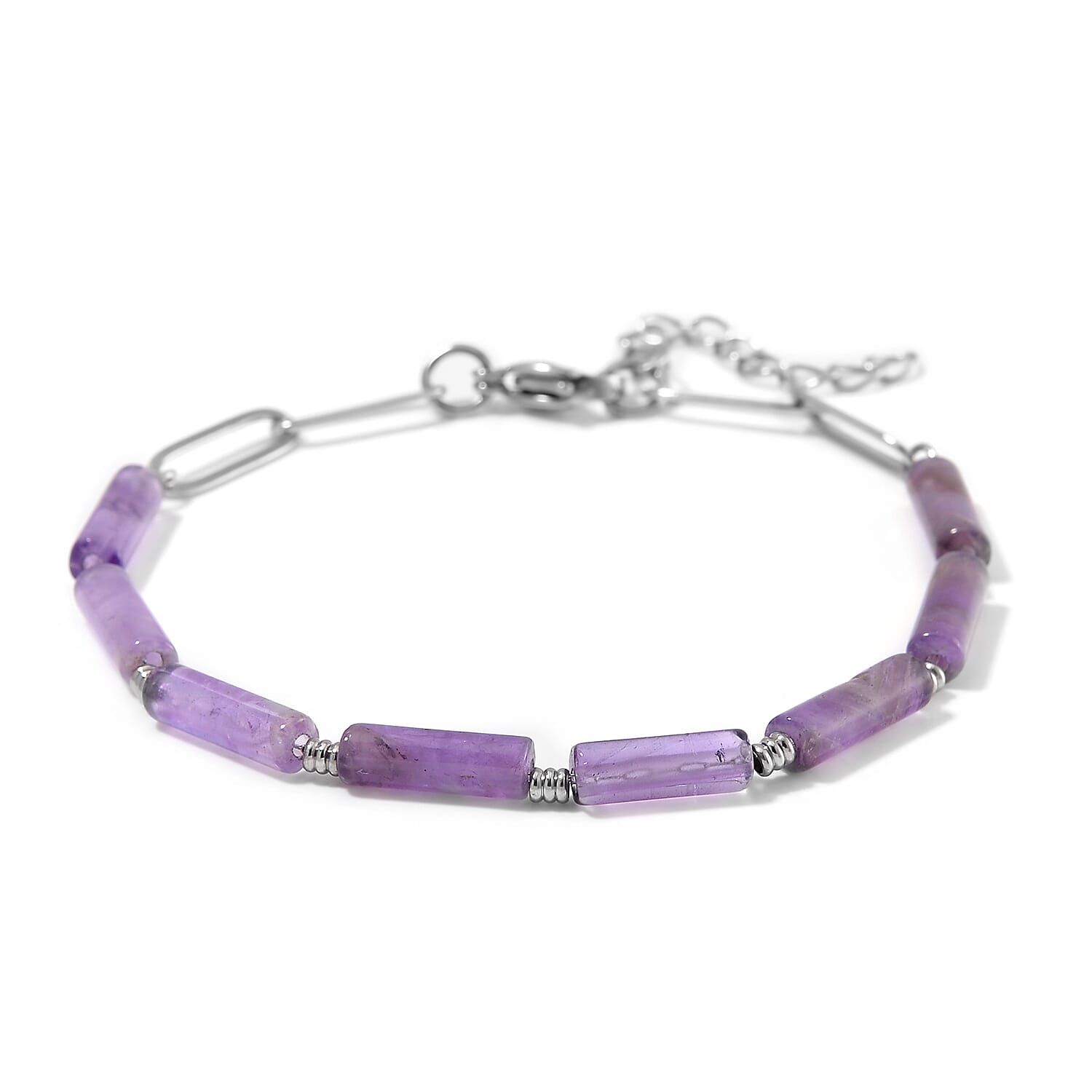 shop lc African Amethyst 22.50 ctw Barrel Shape Paper Clip Chain Bracelet (8.00-9.50In) in Stainless Steel