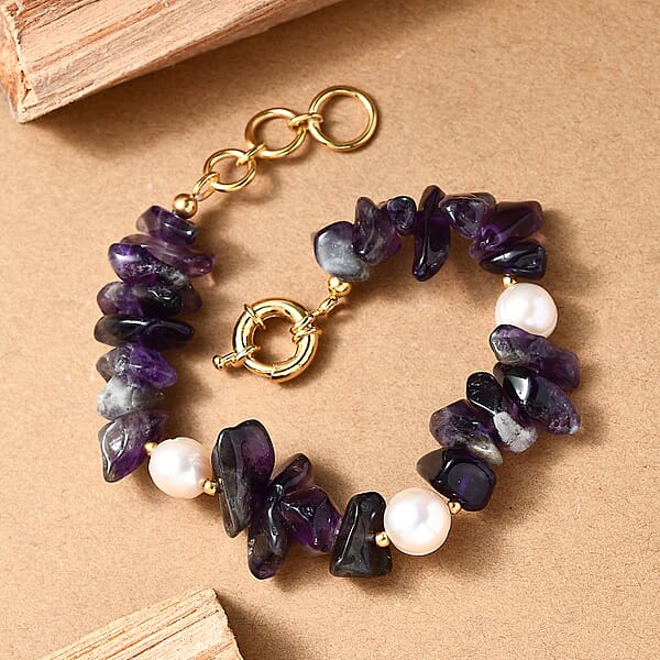 Shop Lc African Amethyst Chips 80.00 Ctw And Freshwater Pearl Bracelet In 18K YG Plated (7.25 In)