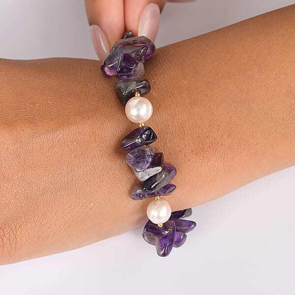Shop Lc African Amethyst Chips 80.00 Ctw And Freshwater Pearl Bracelet In 18K YG Plated (7.25 In)
