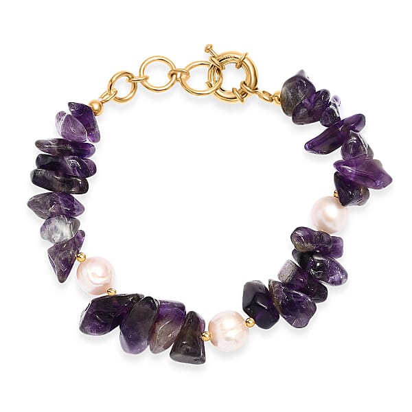 Shop Lc African Amethyst Chips 80.00 Ctw And Freshwater Pearl Bracelet In 18K YG Plated (7.25 In)