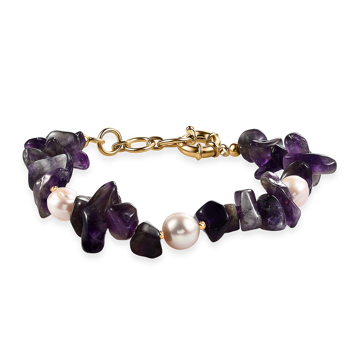 shop lc African Amethyst Chips 80.00 ctw and Freshwater Pearl Bracelet in 18K YG Plated (7.25 In)