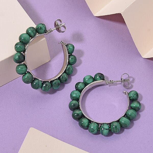 Shop Lc African Malachite 30.00 Ctw Beaded Hoop Earrings In Silvertone