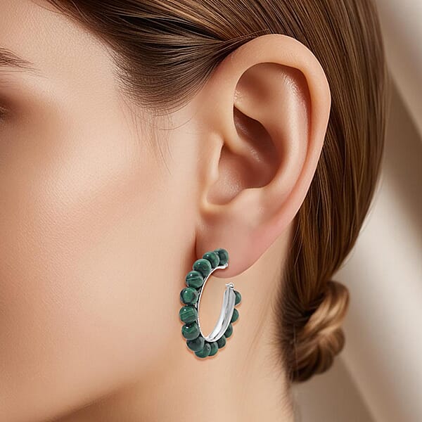 Shop Lc African Malachite 30.00 Ctw Beaded Hoop Earrings In Silvertone