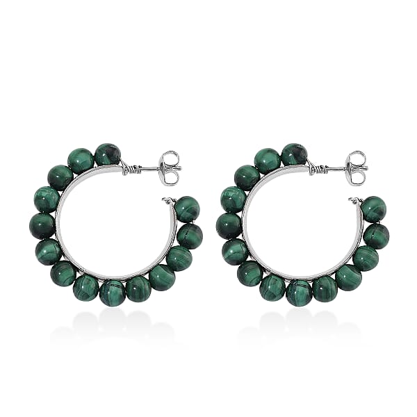 Shop Lc African Malachite 30.00 Ctw Beaded Hoop Earrings In Silvertone