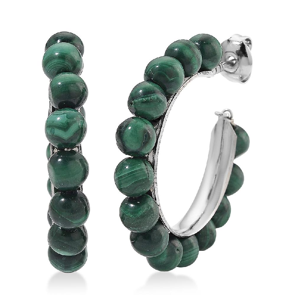 shop lc African Malachite 30.00 ctw Beaded Hoop Earrings in Silvertone