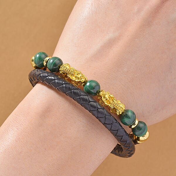 Shop Lc African Malachite 68.50 Ctw Beaded And Leather Cord Pixiu Bracelet In Goldtone (7.50 In)