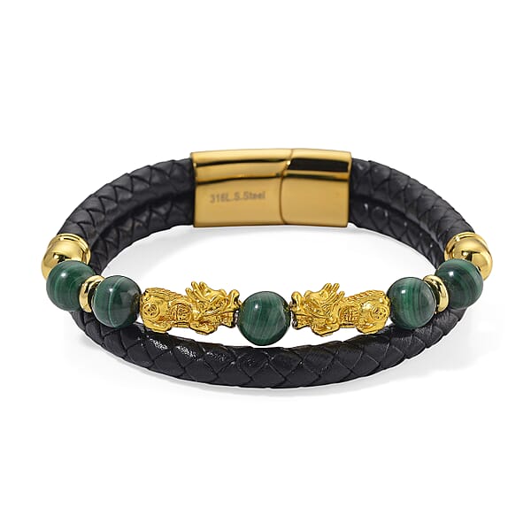 Shop Lc African Malachite 68.50 Ctw Beaded And Leather Cord Pixiu Bracelet In Goldtone (7.50 In)