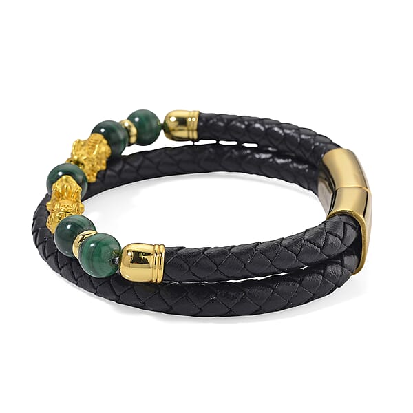 Shop Lc African Malachite 68.50 Ctw Beaded And Leather Cord Pixiu Bracelet In Goldtone (7.50 In)