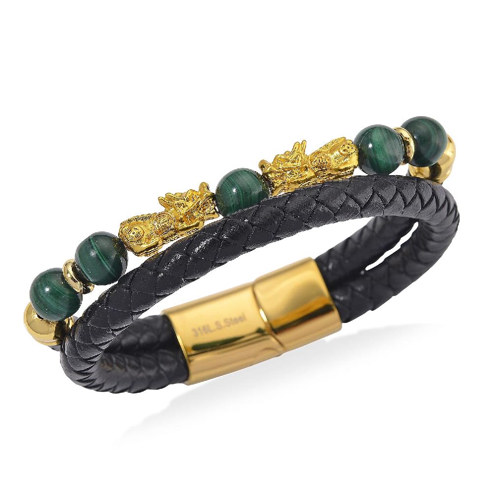 shop lc African Malachite 68.50 ctw Beaded and Leather Cord Pixiu Bracelet in Goldtone (7.50 In)