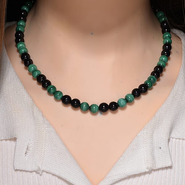 Shop Lc African Malachite And Shungite 230.00 Ctw Beaded Necklace In Stainless Steel 18-20 Inches