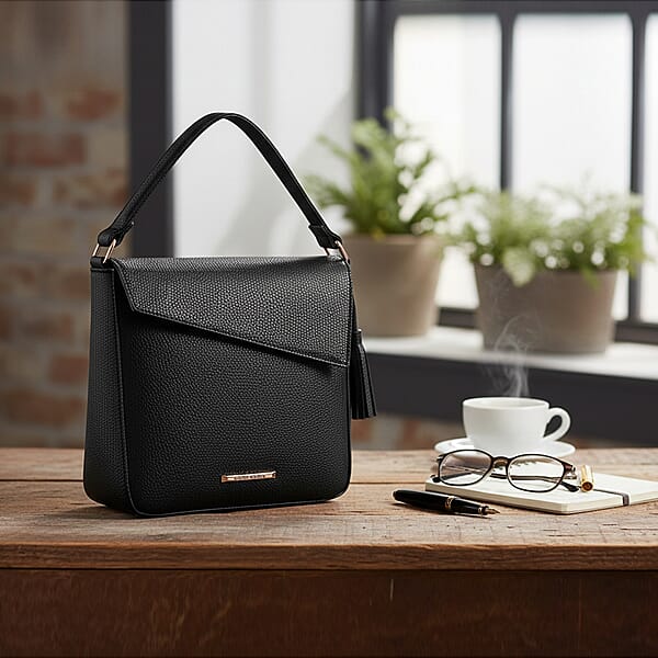 Shop Lc Alexis Bendel Black Faux Leather Asymmetric Flap Shoulder Bag