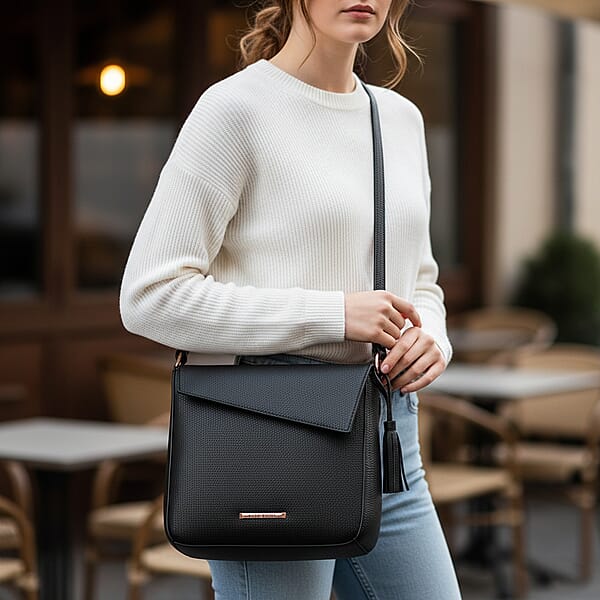 Shop Lc Alexis Bendel Black Faux Leather Asymmetric Flap Shoulder Bag