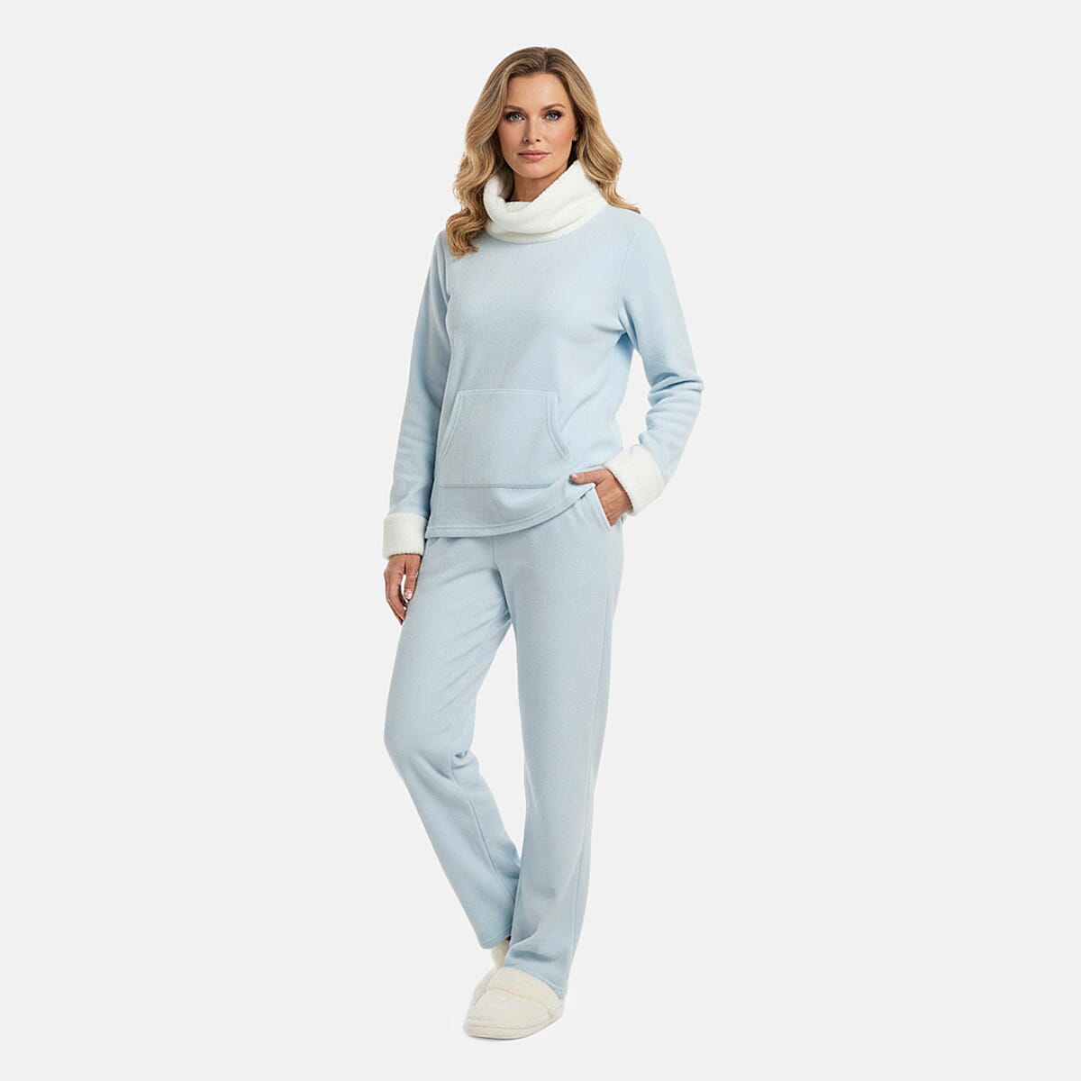 shop lc Amanda Paige Blue Cowl Neck Fleece 2 pc Pajama Pant set-M