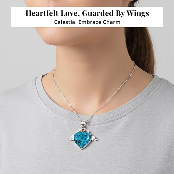 Shop Lc Aqua Quartz Red Aventurine Angel Wing Heart Pendant In Silvertone With Stainless Steel Necklace 38.00 Ctw (20 Inches)