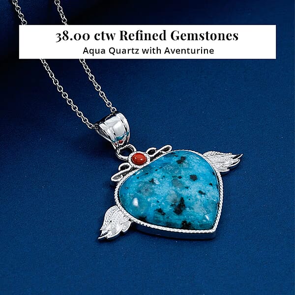 Shop Lc Aqua Quartz Red Aventurine Angel Wing Heart Pendant In Silvertone With Stainless Steel Necklace 38.00 Ctw (20 Inches)