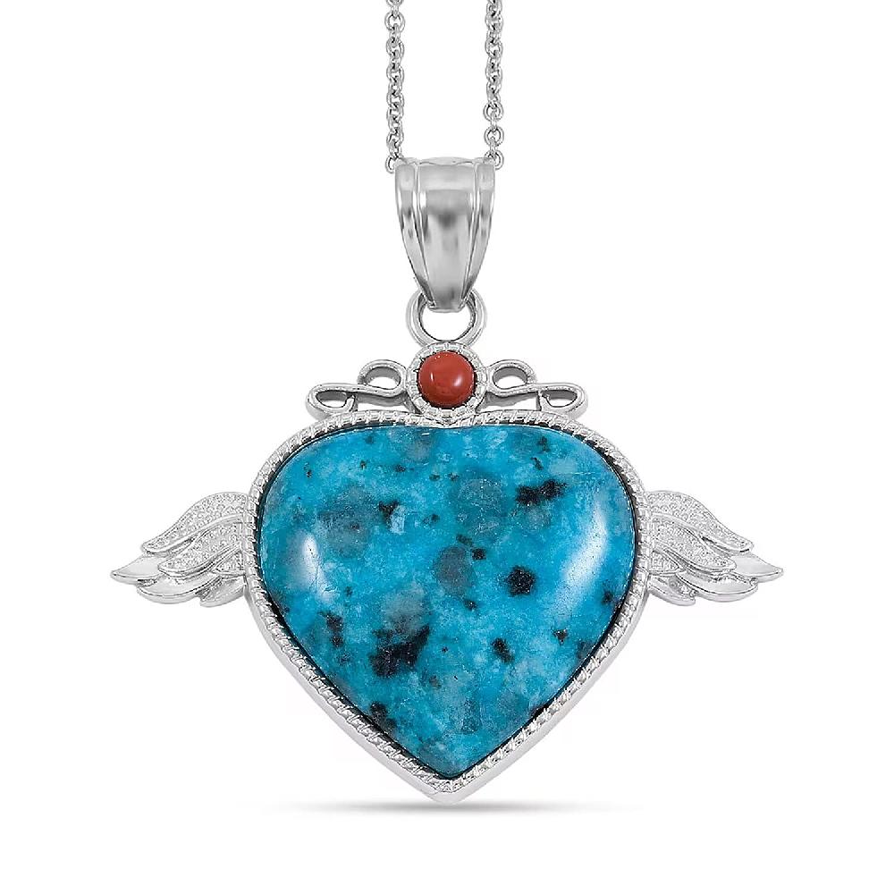 shop lc Aqua Quartz Red Aventurine Angel Wing Heart Pendant in Silvertone with Stainless Steel Necklace 38.00 ctw (20 Inches)