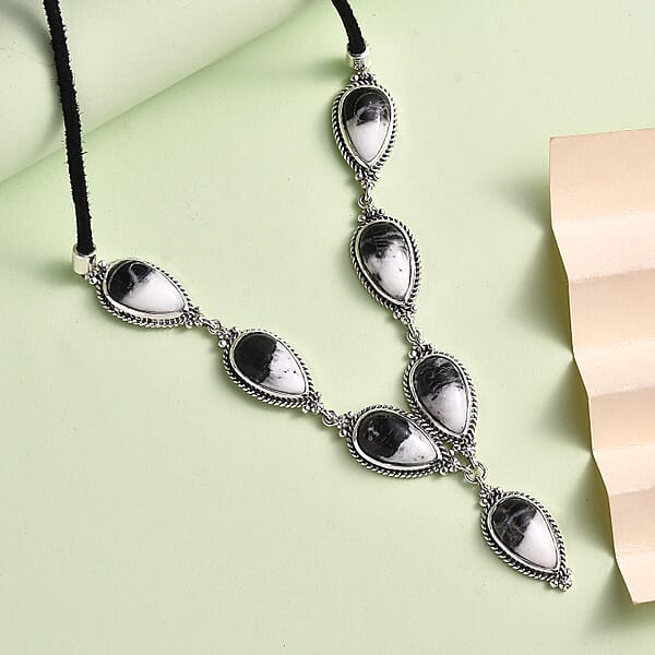 Shop Lc Artisan Crafted White Buffalo 28.00 Ctw Necklace In Sterling Silver And Black Leather Cord 18-20 Inches