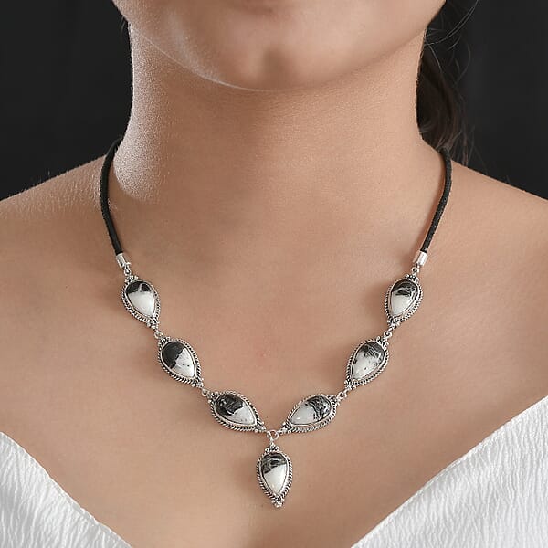 Shop Lc Artisan Crafted White Buffalo 28.00 Ctw Necklace In Sterling Silver And Black Leather Cord 18-20 Inches