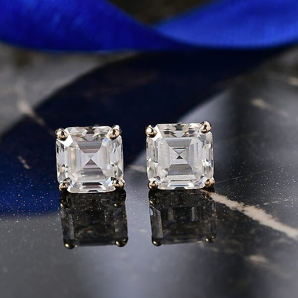 Shop Lc Asscher Cut Moissanite 3.50 Ctw Solitaire Stud Earrings In 14K Yellow Gold