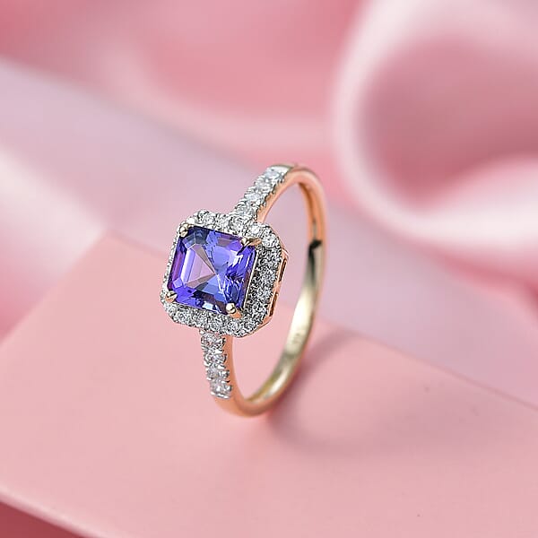 Shop Lc Asscher Cut Tanzanite Lab Grown Diamond Halo Ring In 14K Yellow Gold 1.35 Ctw