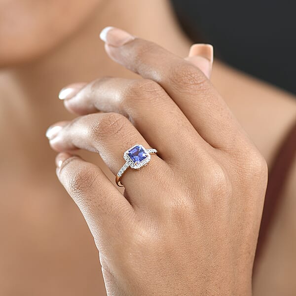 Shop Lc Asscher Cut Tanzanite Lab Grown Diamond Halo Ring In 14K Yellow Gold 1.35 Ctw